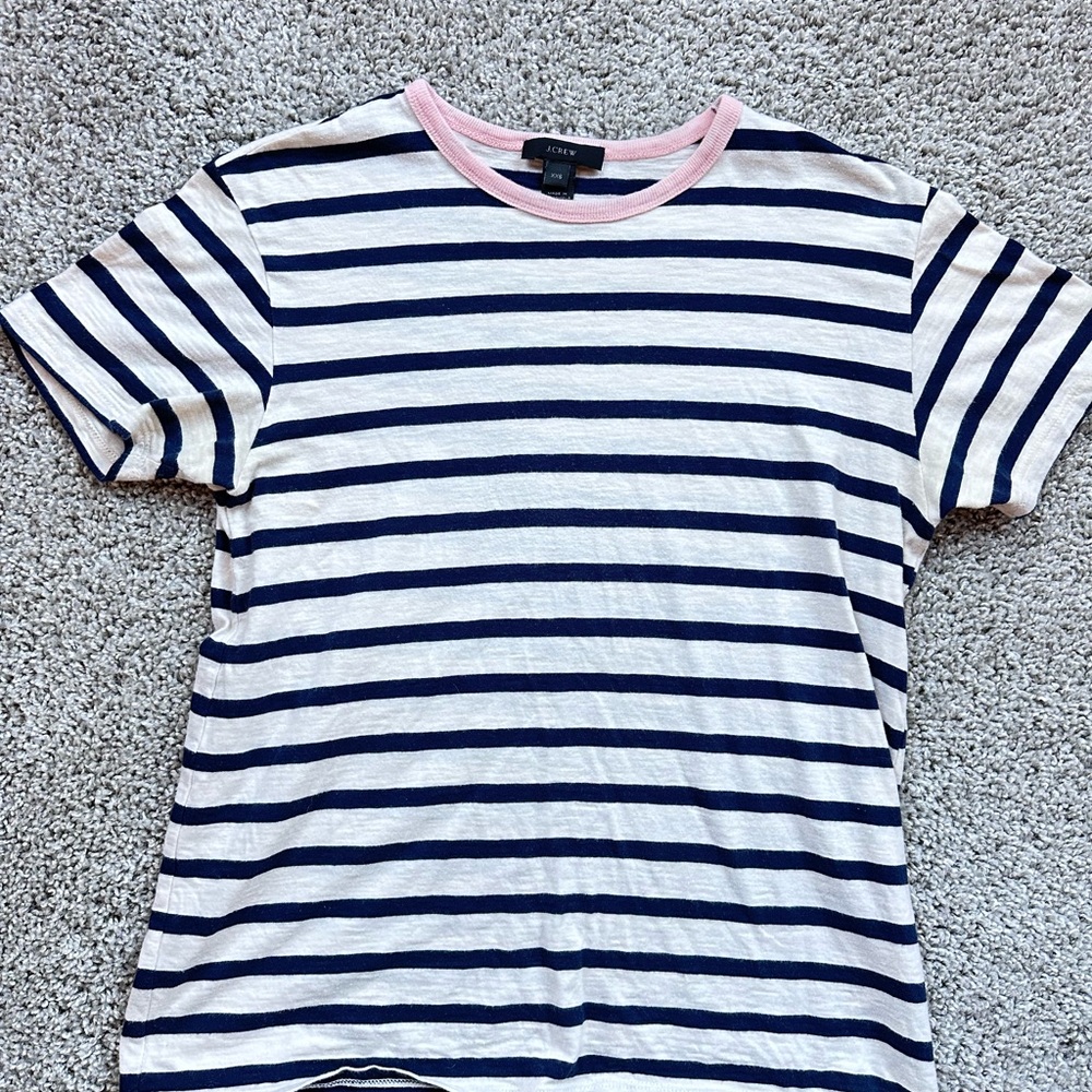 Navy & Cream Striped J. Crew T Shirt with Pink Neck Trim